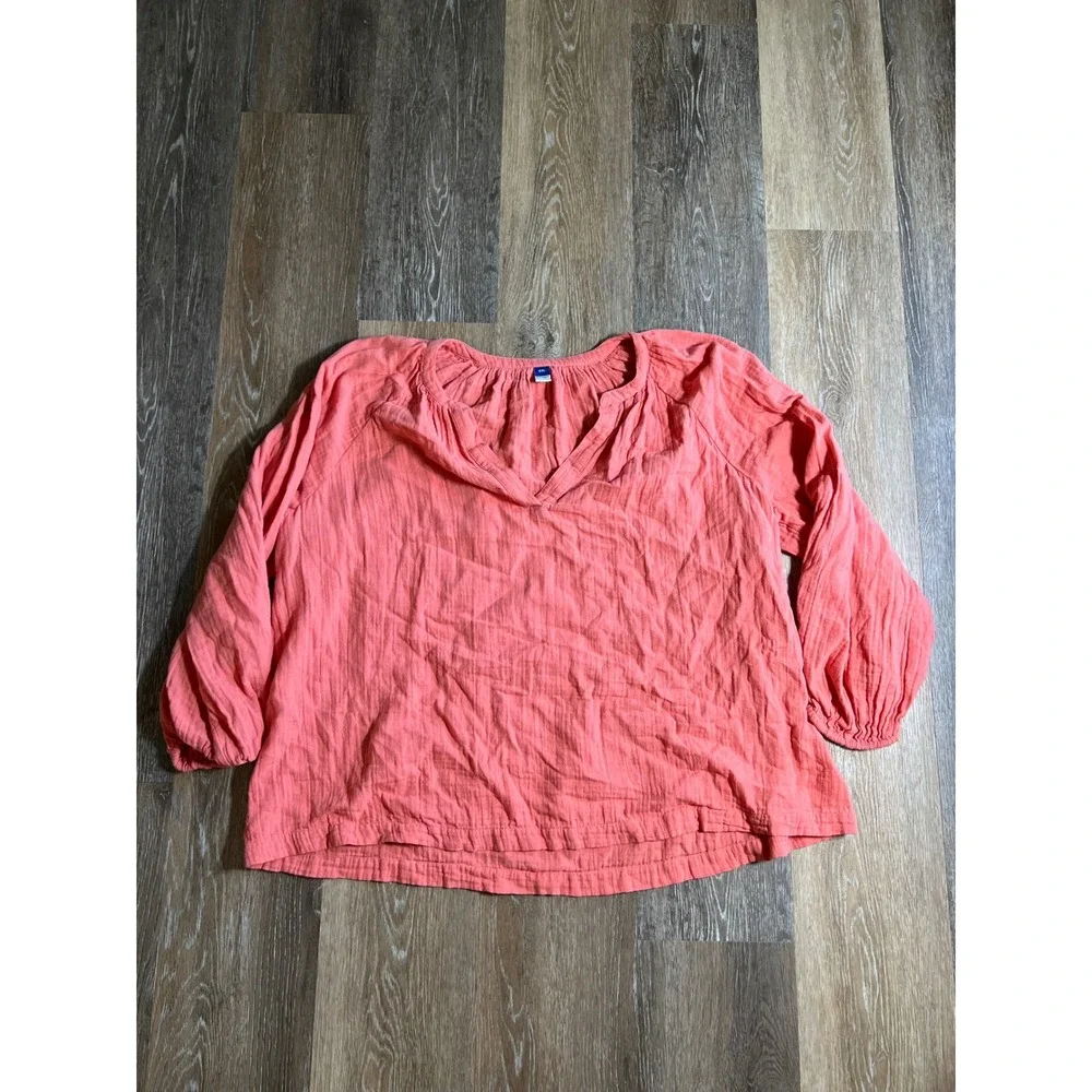 Old Navy Blouse Womens XXL Pink Excellent V-Neck Long‎ Sleeve Gauze Cotton Top